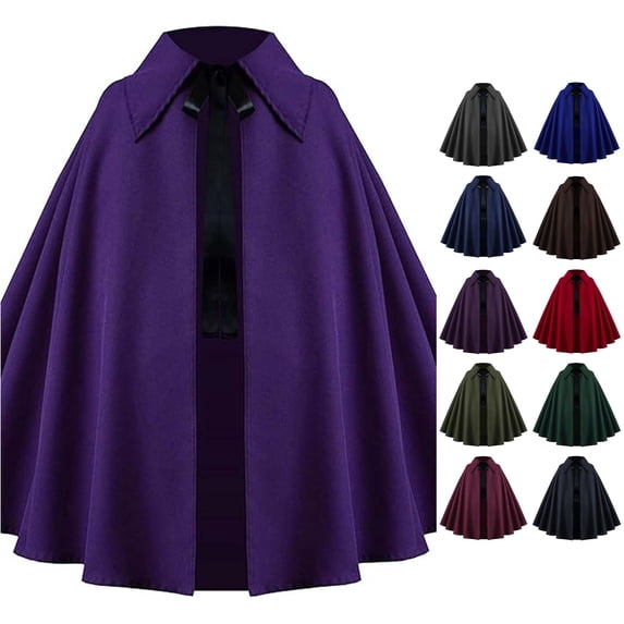 Rggeeun Adults Hooded Cape Solid Color Collar Pleated Hem Front Tie Closure for Halloween Daily Wear Leisure Capes,Purple,One Size