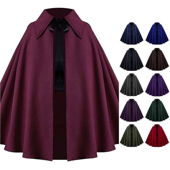 Rggeeun Adults Hooded Cape Solid Color Collar Pleated Hem Front Tie Closure for Halloween Outdoor Wear Fashion Capes,Red,One Size
