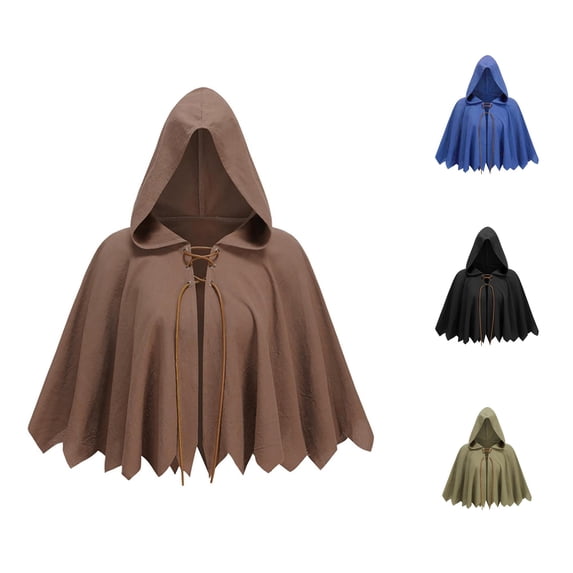Rggeeun Adults Hooded Cape Solid Color Cropped Pointed Hem with Front Tie Closure for Halloween Everyday Use Relaxed Capes,Brown,One Size