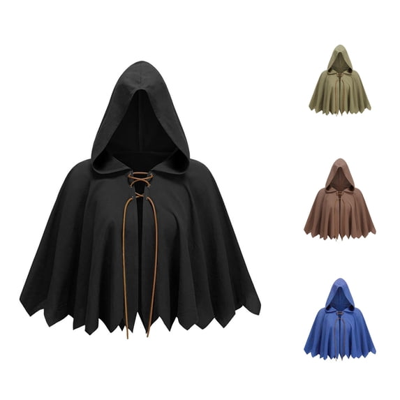 Rggeeun Adults Hooded Cape Solid Color Cropped Pointed Hem with Front Tie Closure for Halloween Outdoor Wear Trendy Capes,Black,One Size