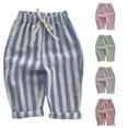 thumbnail image 1 of Rggeeun Baby Boy Pants Cute Striped Pattern Knit Elastic Waist Loose Fit Wide Leg With Drawstring Turn-Up Hem Knee Length Summer Outdoor Picnics Simple Trousers,Blue,6-7 Years, 1 of 3