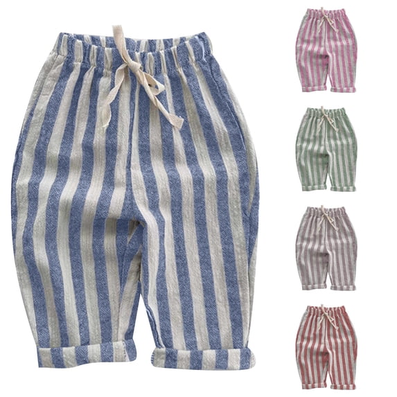 Rggeeun Baby Boy Pants Cute Striped Pattern Knit Elastic Waist Loose Fit Wide Leg With Drawstring Turn-Up Hem Knee Length Summer Outdoor Picnics Simple Trousers,Blue,6-7 Years