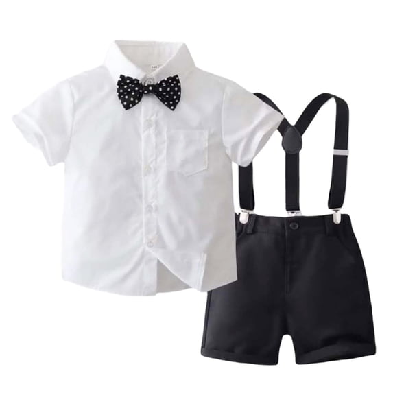 Rggeeun Baby Boys Clothes Sets Gentleman Solid Color Summer Short Sleeve With Bowtie Collar Shirt & Suspenders Pants Set Formal Suit For Kids Activities And Parties Trendy Outfit,White,2-3 Years