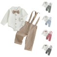 thumbnail image 1 of Rggeeun Baby Boys' Clothing Sets Bow Button Down Long Sleeve Lapel Collar Bodysuits & Cute Plaid Graphic Overalls 2 Piece Outfits Fall Matching Sets Everyday Wear Leisure,Beige,6-9 Months, 1 of 9