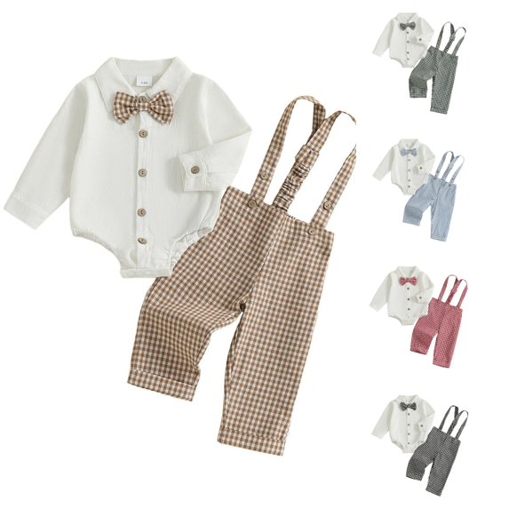 Rggeeun Baby Boys' Clothing Sets Bow Button Down Long Sleeve Lapel Collar Bodysuits & Cute Plaid Graphic Overalls 2 Piece Outfits Fall Matching Sets Everyday Wear Leisure,Beige,6-9 Months