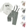 thumbnail image 1 of Rggeeun Baby Boys' Clothing Sets Bow Button Down Long Sleeve Lapel Collar Bodysuits & Cute Plaid Graphic Overalls 2 Piece Outfits Fall Matching Sets Play Sports Classic,Green,12-18 Months, 1 of 9
