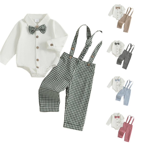 Rggeeun Baby Boys' Clothing Sets Bow Button Down Long Sleeve Lapel Collar Bodysuits & Cute Plaid Graphic Overalls 2 Piece Outfits Fall Matching Sets Play Sports Classic,Green,12-18 Months