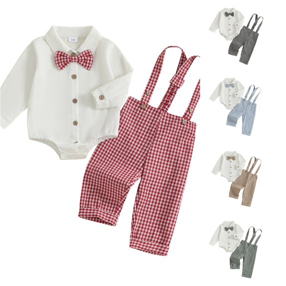 Rggeeun Baby Boys' Clothing Sets Bow Button Down Long Sleeve Lapel Collar Bodysuits & Cute Plaid Graphic Overalls 2 Piece Outfits Fall Matching Sets Streetwear Versatile,Red,0-3 Months