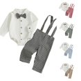 thumbnail image 1 of Rggeeun Baby Boys' Clothing Sets Bow Button Down Long Sleeve Lapel Collar Bodysuits & Cute Plaid Graphic Overalls 2 Piece Outfits Fall Matching Sets Travel Versatile,Black,6-9 Months, 1 of 7