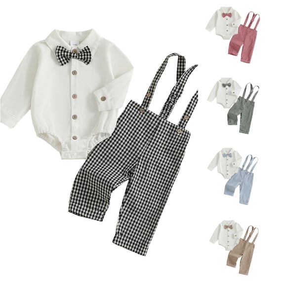 Rggeeun Baby Boys' Clothing Sets Bow Button Down Long Sleeve Lapel Collar Bodysuits & Cute Plaid Graphic Overalls 2 Piece Outfits Fall Matching Sets Travel Versatile,Black,6-9 Months