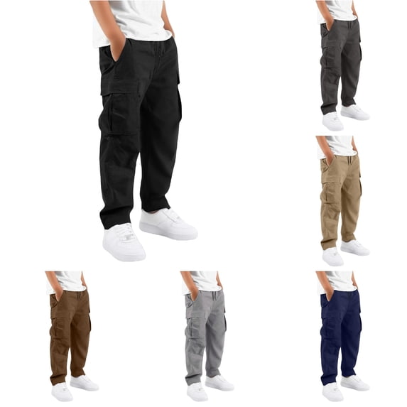 Rggeeun Baby Boys Pants Cargo Solid Color Loose Fit Straight Leg Elastic Waist With Multiple Pockets Ankle Length For Summer Autumn Indoor Wear Classic Trousers,Black,11-12 Years