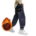 thumbnail image 1 of Rggeeun Baby Boys Pants Denim Turn-Up Hem Elastic Waist Ankle Length Relaxed Fit Wide Leg Side Pockets Thermal For Autumn Winter Indoor Wear Cozy Trousers,Blue,7-8 Years, 1 of 9