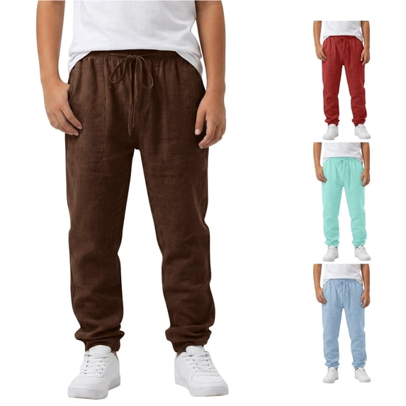 Rggeeun Baby Boys Pants Elastic Waist Drawstring Side Pockets Wide Leg Loose Fit Solid Color Ankle Length For Summer Fall Daily Wear Versatile Trousers,Brown,10-11 Years