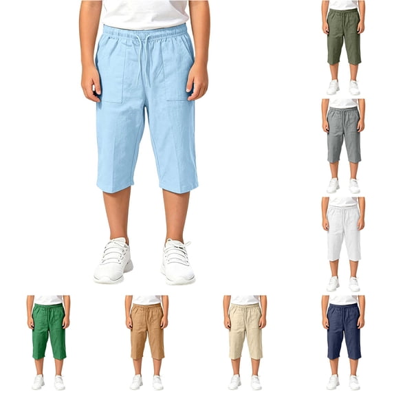Rggeeun Baby Boys Pants Solid Color Loose Fit Straight Leg With Drawstring Elastic Waist Patch Pocket Lightweight Knee Length Summer Daily Wear Leisure Trousers,Blue,11-12 Years