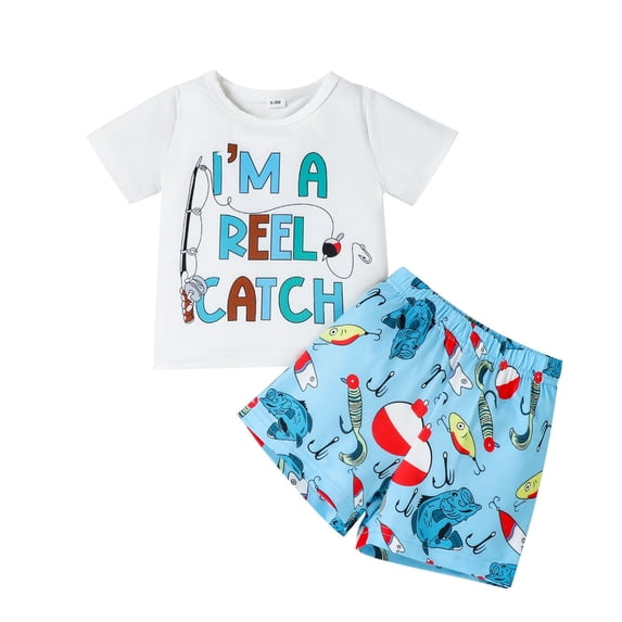 Rggeeun Baby Boys Set Cartoon Fish Fishing Print Short Sleeve Crew Neck T Shirt With Shorts Sportswear For Daily Outdoor Party Travel Spring Summer Classic Outfit Sets,Blue,6-9 Months