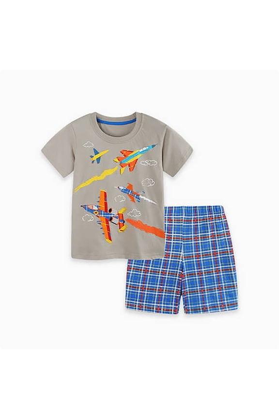 Baby Boys Set Cartoon Plane Pattern Summer Casual Fashion Short Sleeve Crew Neck Top With Plaid Shorts Two Piece For Kids Classic Outfit,Blue,4-5 Years
