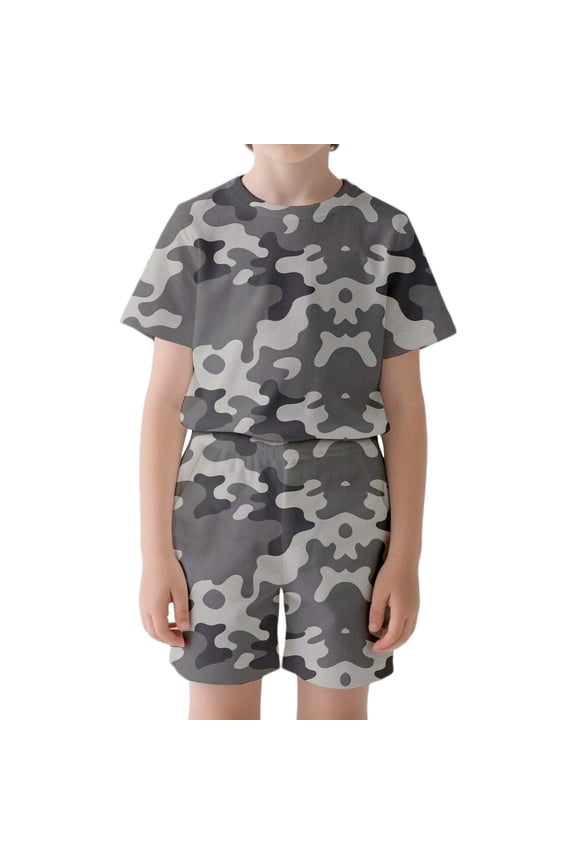 Baby Boys Set Versatile Camouflage Pattern Summer Knit Crew Neck Short Sleeve Shirt And Shorts For Children'S School And Outdoor Training Classic Outfit Sets,Grey,10-11 Years