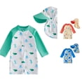 thumbnail image 1 of Rggeeun Baby Boys Swimsuit Set 2Pc Cartoon Animal Pattern Long Sleeve Crew Neck Front Zipper Knee Length with Cover Up Hat for Summer Splash Fun Lovely Swim Wear,Green,12-18 Months, 1 of 7