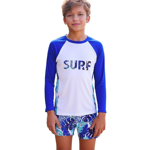Rggeeun Baby Boys Swimsuit Set 2Pc Color Block Colorful Leaves Pattern Long Sleeve Crew Neck Top & Elastic Waist Above Knee Trunks for Summer Resort Swimming Sweet Beachwear,Blue,10-11 Years