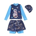 thumbnail image 1 of Rggeeun Baby Boys Swimsuit Set 3Pc Cute Spaceship & Rocket Pattern Long Sleeve Crew Neck Top & Elastic Double Layer with Tie Swim Trunks with Hat for Summer Splash Fun Leisure Swimwear,Blue,6-8 Years, 1 of 2