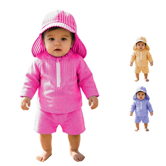 Rggeeun Baby Boys Swimsuit Set 3Pc Cute Striped Pattern Long Sleeve Crew Neck Front Zipper Top & Elastic Waist Swim Trunks with Cover Up Hat for Summer Water Sports Lovely Swim Wear,Pink,12-18 Months