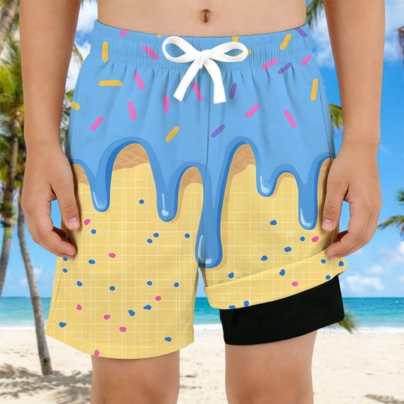 Rggeeun Baby Boys Swimsuit Set Cartoon Ice Print Elastic Double Layer High Waist Loose Fit Wide Leg Knee Length Swim Trunks for Summer Lap Swimming Adorable Beachwear,Blue,8-10 Years
