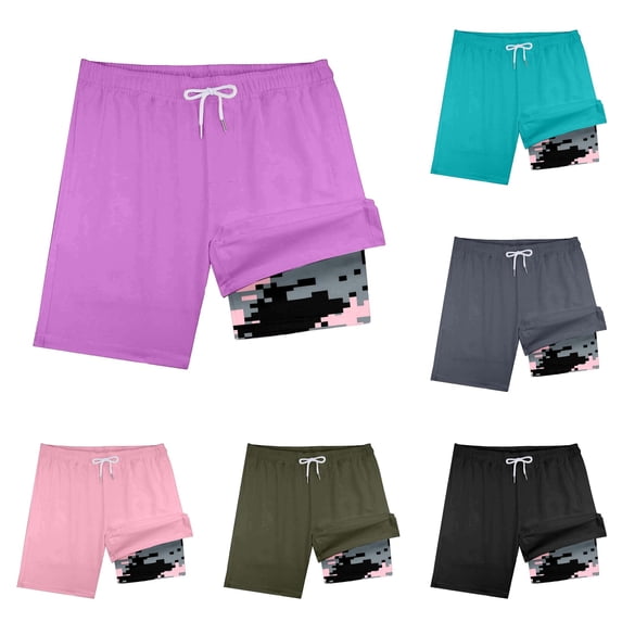 Rggeeun Baby Boys Swimsuit Set Color Block Elastic Waist with Adjustable Tie Double Layer Trunks Wide Leg for Summer Splash Fun Kawaii Swim Wear,Purple,9-10 Years