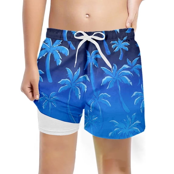 Rggeeun Baby Boys Swimsuit Set Cute Coconut Tree Pattern Elastic Waist Double Layer with Adjustable Tie Wide Leg Knee Length for Summer Swim Trunks Pool Party Leisure Swimwear,Blue,10-12 Years