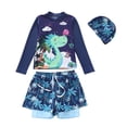 thumbnail image 1 of Rggeeun Baby Boys Swimsuit Set Cute Spaceship & Rocket Print Long Sleeve Crew Neck Top & Elastic Double Layer with Tie Swim Trunks with Hat for Summer Holiday Beach Lovely Swim Wear,Blue,2-4 Years, 1 of 2