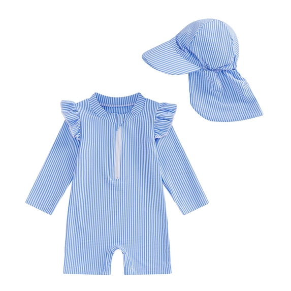 Rggeeun Baby Boys Swimsuit Set Cute Striped Pattern 2Pc Long Sleeve Ruffled Crew Neck Front Zipper Above Knee with Cover Up Hat for Summer Water Activities Versatile Swim Wear,Blue,3-6 Months