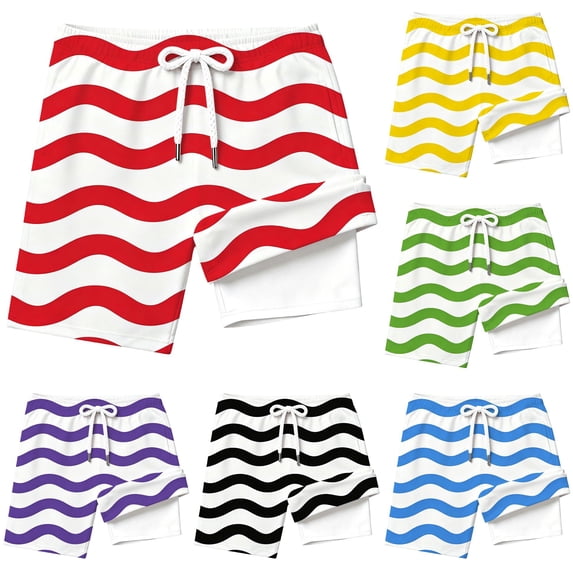 Rggeeun Baby Boys Swimsuit Set Cute Striped Pattern Elastic High Waist with Adjustable Tie Double Layer Wide Leg Knee Length Swim Trunks for Summer Pool Party Delicate Swimwear,Red,7-8 Years