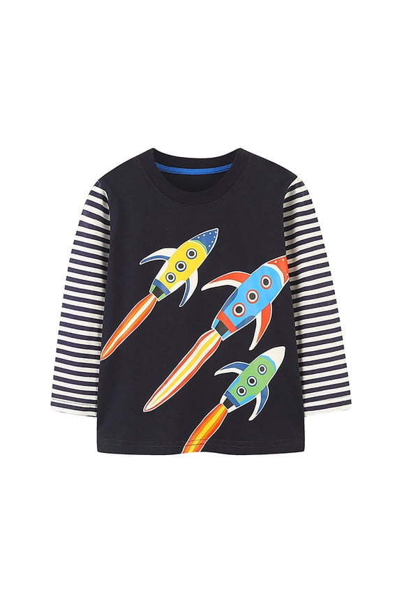 Baby Boys T-Shirts Cartoon Rockets Pattern Long Sleeve Crew Neck Pullover Knit For Spring Autumn Kids Outdoor Daily Stylish Tops,Black,1-2 Years