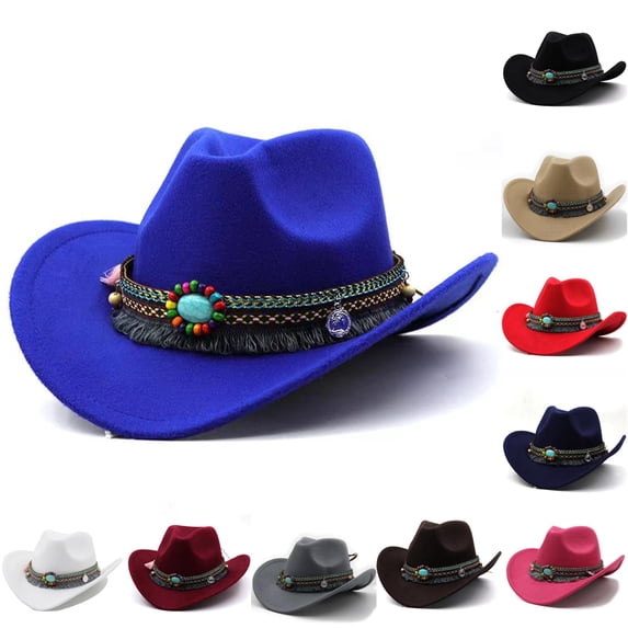 Rggeeun Baby Cowboy Hat Solid Color with Colorful Beads & Tassels Wide Brim Lightweight Sun Hat Summer Cap Boys and Girls Everyday Wear Kawaii,Blue,One Size