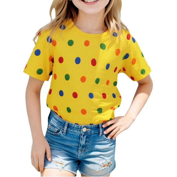 Rggeeun Baby Girl Blouse Cute Colorful Dots Pattern Short Sleeve Crew Neck Knit Soft Breathable Loose for Summer Everyday Wear Elegant Tops,Yellow,4-5 Years
