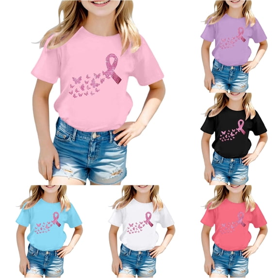 Rggeeun Baby Girl Blouse Cute Glitter Butterfly & Tie Pattern Short Sleeve Crew Neck Smooth Lightweight for Summer Outdoor Picnics Lovely Tops,Pink,11-12 Years