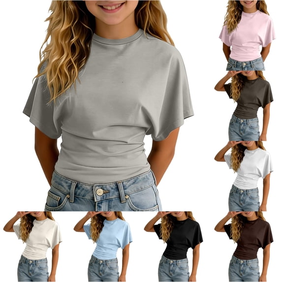 Rggeeun Baby Girl Blouse Solid Color Batwing Short Sleeve Side Ruched Loose Crew Neck Fitted Waist Relaxed Fit for Summer Vacation Delicate Tops,Gray,13-14 Years