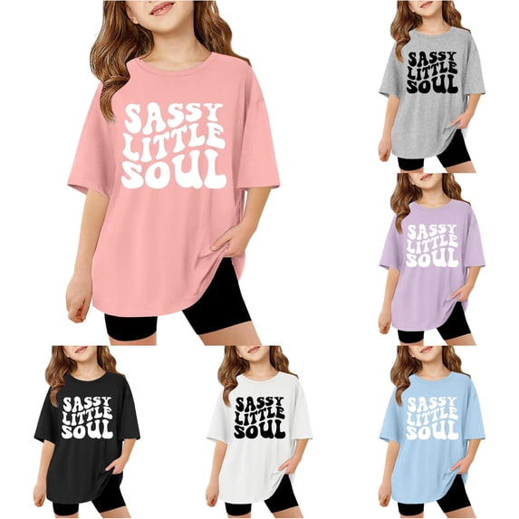 Rggeeun Baby Girl Blouses Cute Text Print Loose Fit Plus Size Breathable Half Sleeve Crew Neck for Summer Vacation Graceful Tops,Pink,7-8 Years