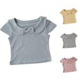 thumbnail image 1 of Rggeeun Baby Girl Blouses Solid Color Fly Sleeve Crew Neck Front Bow Cropped Knit Elastic Lightweight for Summer Everyday Wear Elegant Tops,Blue,3-4 Years, 1 of 3