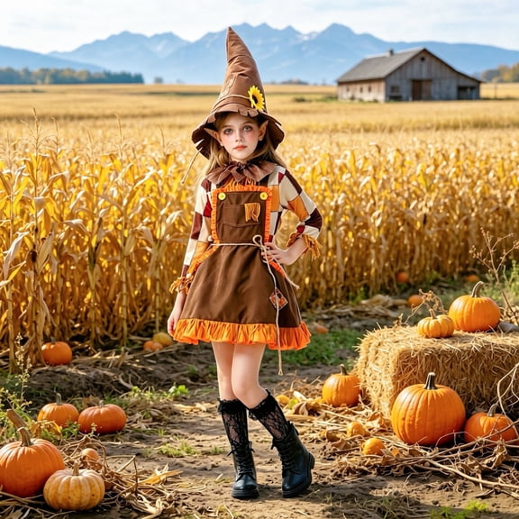 Rggeeun Baby Girl Halloween Boho Dress Color Block Long Sleeve Crew Neck Ruffle Dress with Witch Hat Travel Adorable,Brown,9-10 Years