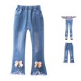 thumbnail image 1 of Rggeeun Baby Girl Pants Washed Denim Jeans Front Seam Bow Side Pockets Loose Fit Straight Leg Mid Waist Ankle Length Everyday Use Classic Trousers,Pink,4-5 Years, 1 of 7