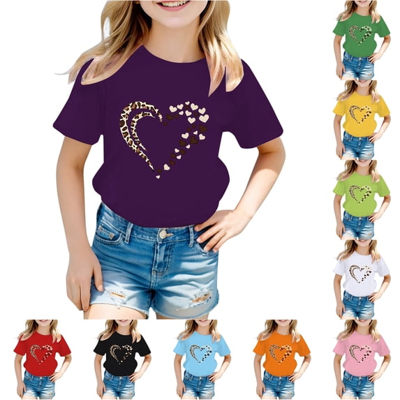 Rggeeun Baby Girl'S Blouse Cute Heart Print Short Sleeve Crew Neck Soft Breathable Relaxed Fit for Summer Daily Wear Graceful Tops,Purple,3-4 Years