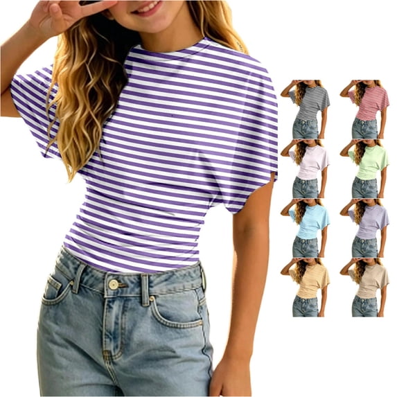 Rggeeun Baby Girl'S Blouse Cute Striped Pattern Batwing Short Sleeve Crew Neck Fitted Waist Smooth Lightweight for Summer Evening Party Fashion Tops,Purple,7-8 Years