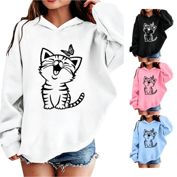 Rggeeun Baby Girl'S Pullover Hoodie Cute Cartoon Cat Print Long Sleeve Hooded Loose Fit Smooth for Fall and Winter School Activities Trendy Tops,White,7-8 Years