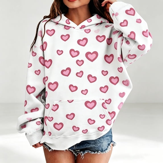 Rggeeun Baby Girl'S Pullover Hoodie Cute Heart Pattern Long Sleeve Hooded Soft Smooth with Large Pocket for Fall and Winter Everyday Wear Elegant Tops,White,8-9 Years