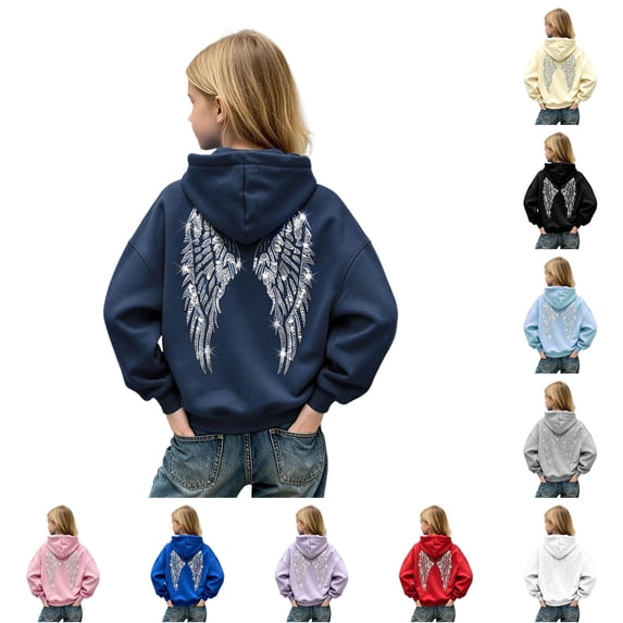 Rggeeun Baby Girl'S Pullover Hoodie Cute Sequins Wing Graphic Print Thermal Long Sleeve Hooded wth Large Pocket & Drawstring Soft for Autumn Winter Outdoor Elegant Tops,Blue,15-16 Years