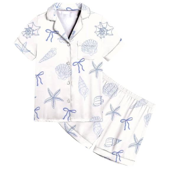 Rggeeun Baby Girl's Sleepwear 2Pc Child Girl's Cute Beach Themed Short Sleeve Loose Fit Button-Down Notched Collar Seashell Print Fall Winter Holidays Trendy Pjs,Blue,2-3 Years