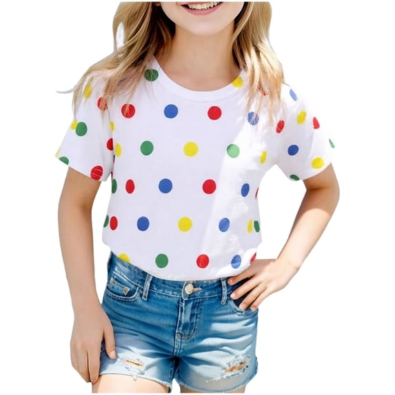 Rggeeun Baby Girls Blouse Cute Colorful Dots Pattern Short Sleeve Crew Neck Knit Soft Breathable Loose for Summer Gym Delicate Tops,White,11-12 Years
