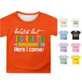 thumbnail image 1 of Rggeeun Baby Girls Blouse Cute Colorful Text Print Pencil Pattern Kindergarten Themed Short Sleeve Crew Neck Soft Plus Size Loose Fit for Summer Party Night Graceful Tops,Orange,8-9 Years, 1 of 4