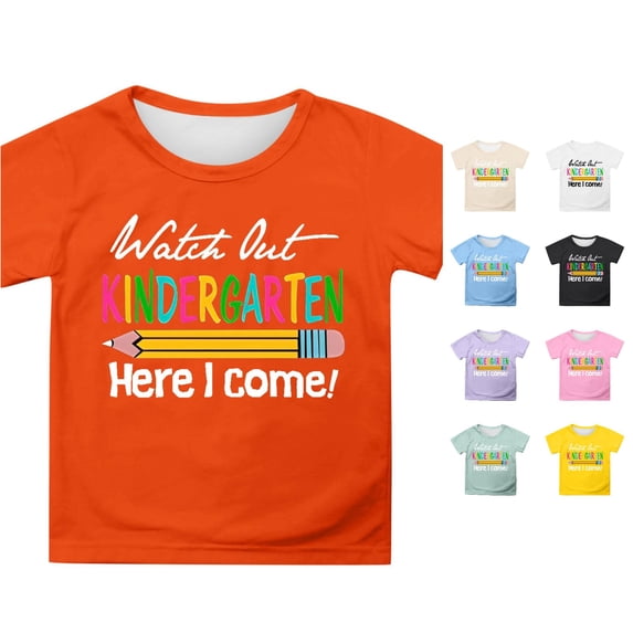 Rggeeun Baby Girls Blouse Cute Colorful Text Print Pencil Pattern Kindergarten Themed Short Sleeve Crew Neck Soft Plus Size Loose Fit for Summer Party Night Graceful Tops,Orange,8-9 Years