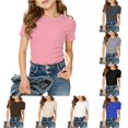 thumbnail image 1 of Rggeeun Baby Girls Blouse Solid Color Smooth Short Sleeve Crew Neck Elastic Relaxed Soft Slim Fit for Summer Everyday Use Fashion Tops,Pink,7-8 Years, 1 of 4